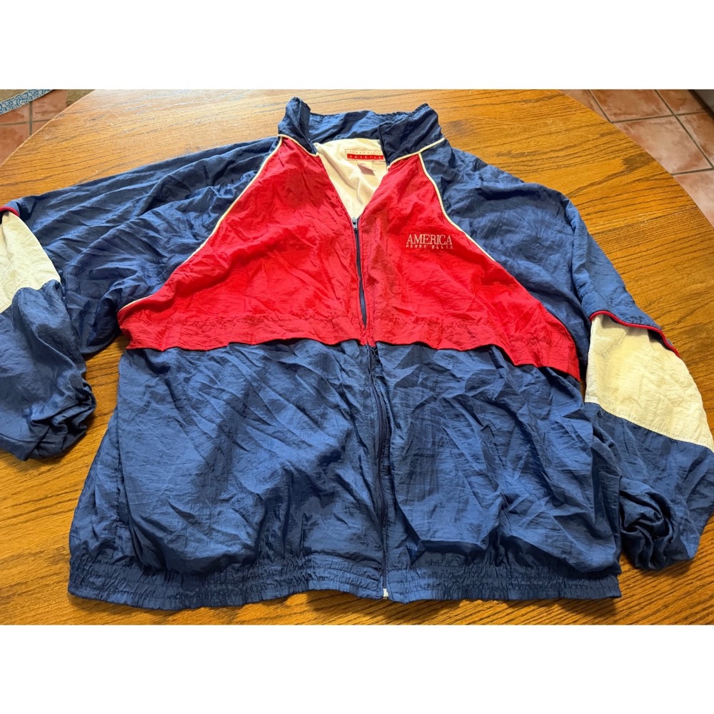 Vintage Perry Ellis America Windbreaker Jacket 2X Red White Blue Colorblock 90s